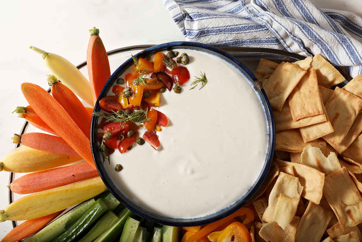 overhead shot of bowl of creamy Greek dip