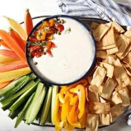 overhead shot of feta dip with dippers