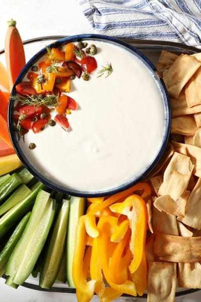 overhead shot of feta dip with dippers