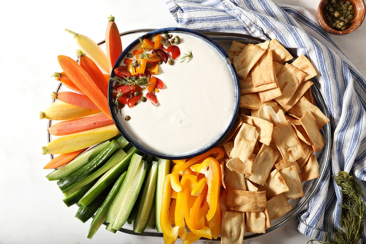 overhead shot of feta dip with dippers