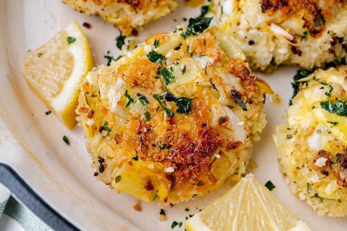 close up of vegetarian crab cake in pan