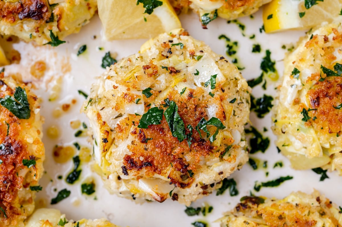 close up overhead shot of vegetarian crab cake