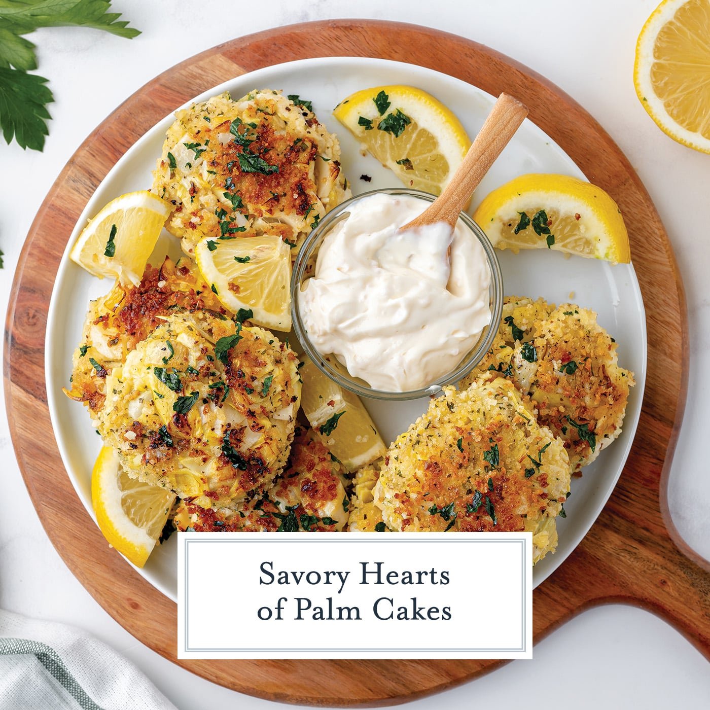 platter of vegetarian crab cakes with text overlay for facebook