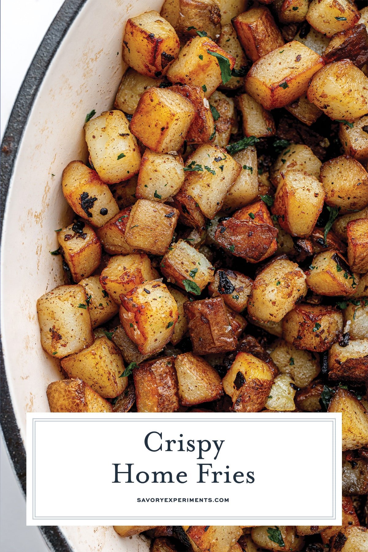 close up of home fries with text overlay