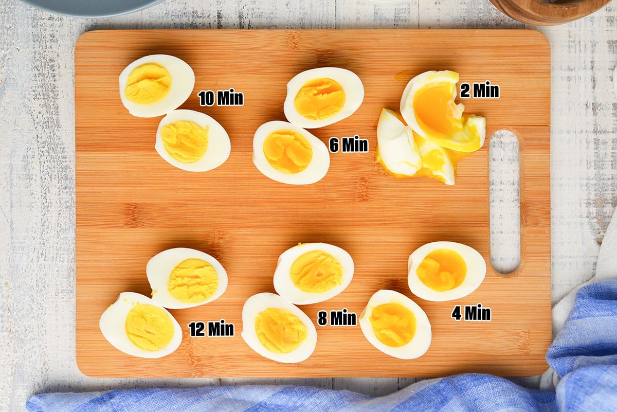 eggs labeled with cooking times and yolk doneness