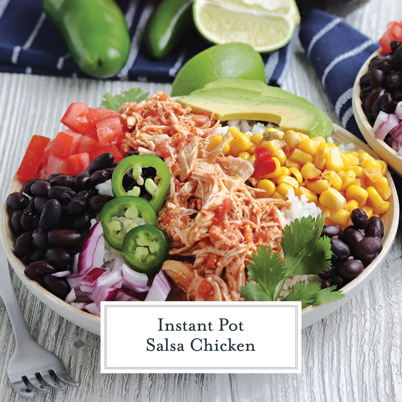 angled shot of bowl of salsa chicken with text overlay for facebook