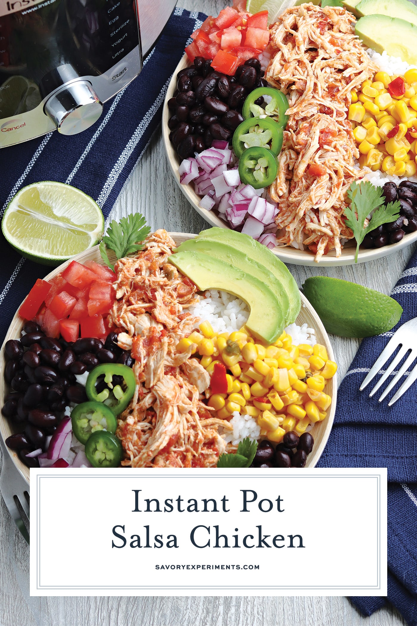 bowl of salsa chicken with rice and veggies with text overlay for pinterest