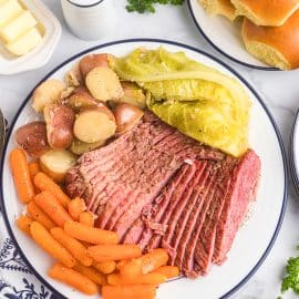overhead plate of corned beef with sides