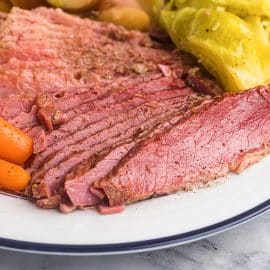 angle view of juicy corned beef slices