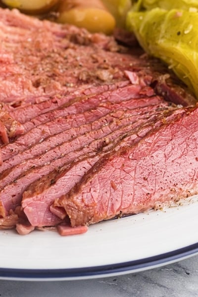 angle view of juicy corned beef slices