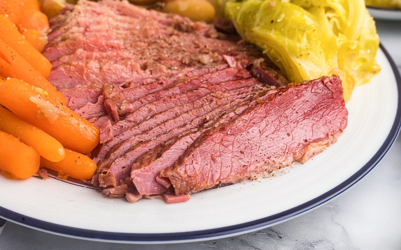 angle view of juicy corned beef slices