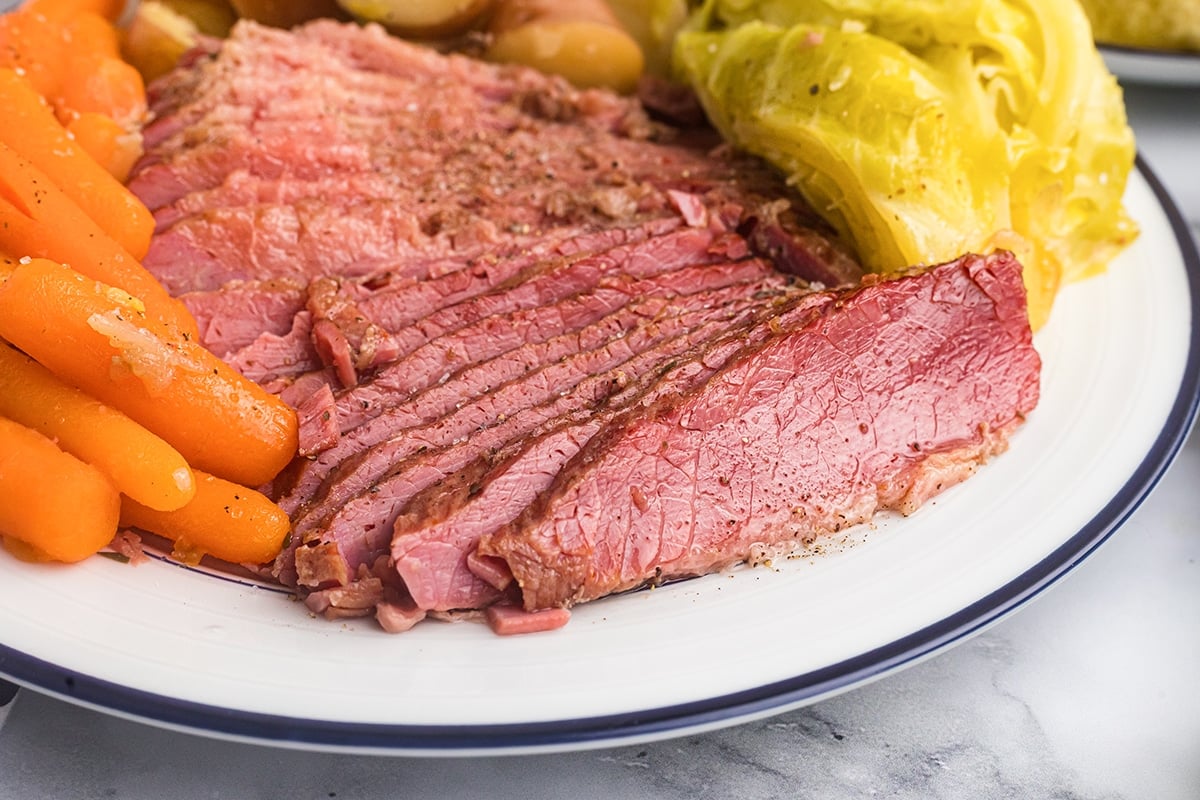 angle view of juicy corned beef slices