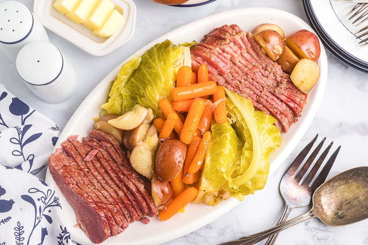 overhead platter of st. patrick's day brisket