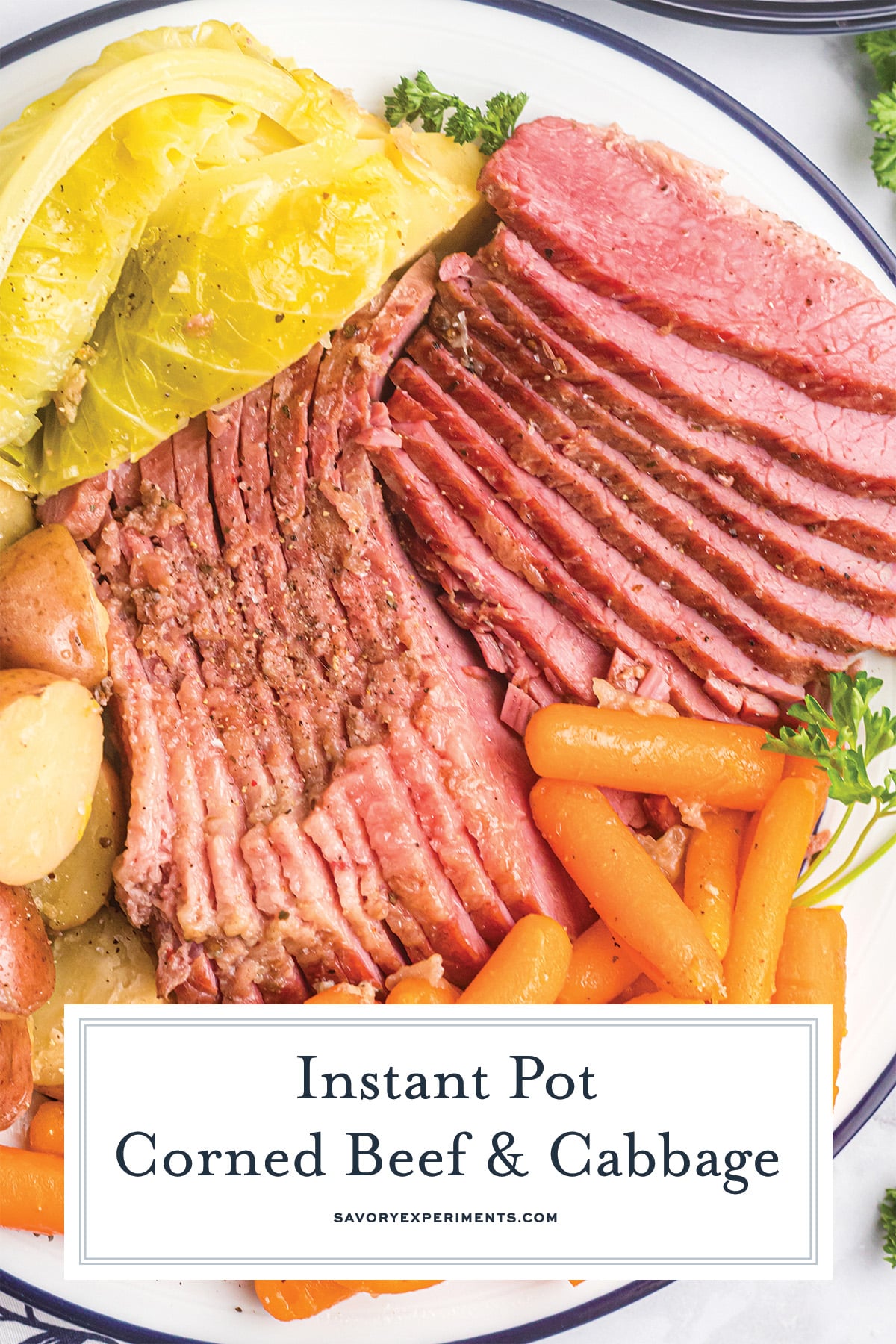 instant pot corned beef and cabbage recipe with text overlay