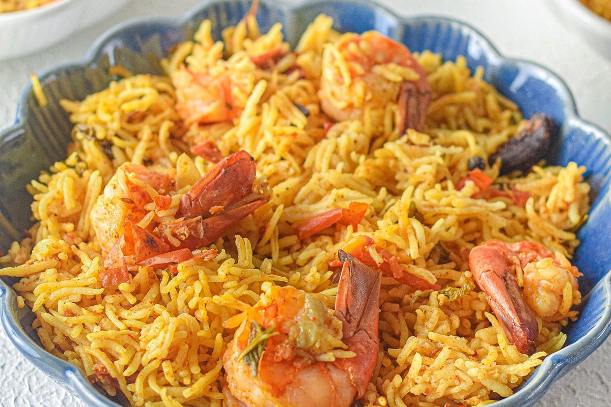 angle of shrimp biryani in a bowl serving bowl