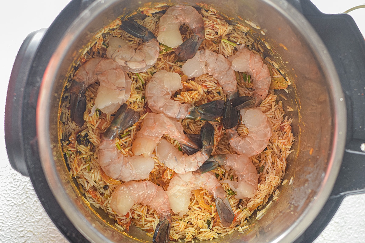shrimp added to rice in instant pot