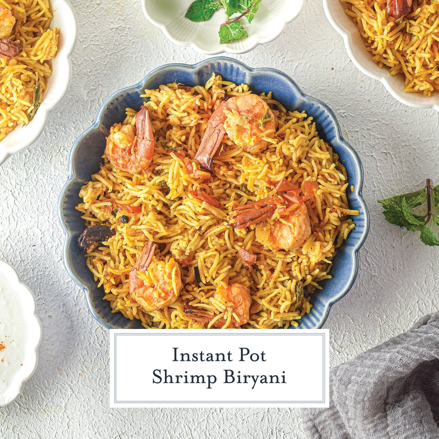 overhead shot of Instant Pot Shrimp Biryani with text overlay for facebook