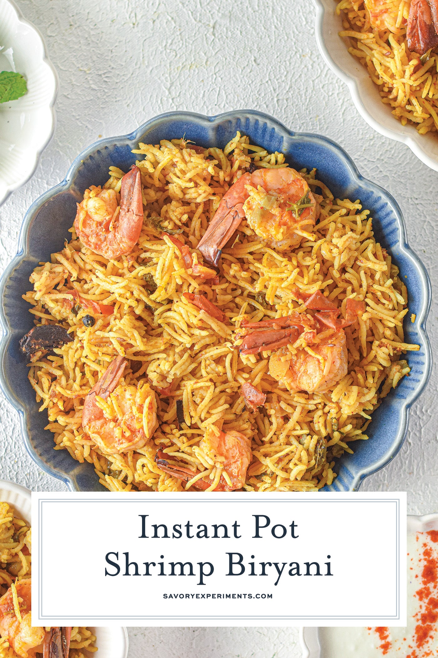 overhead shot of Instant Pot Shrimp Biryani with text overlay for pinterest