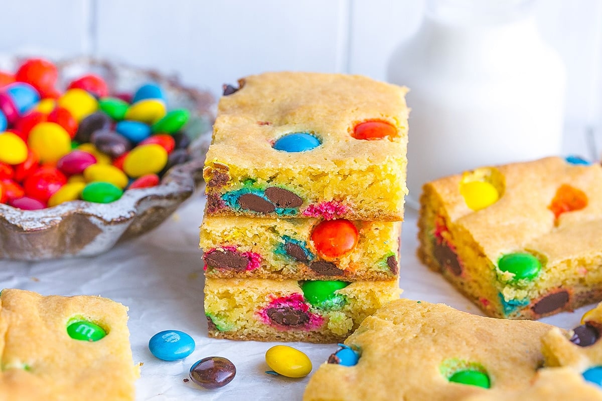 stack of three m&m cookie bars