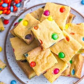 overhead shot of plate of M&M cookie bars