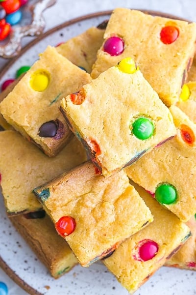 overhead shot of plate of M&M cookie bars