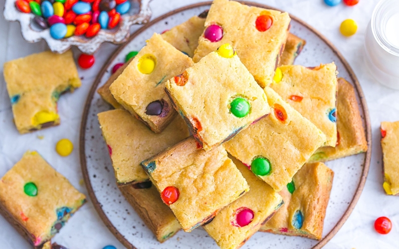 overhead shot of plate of M&M cookie bars