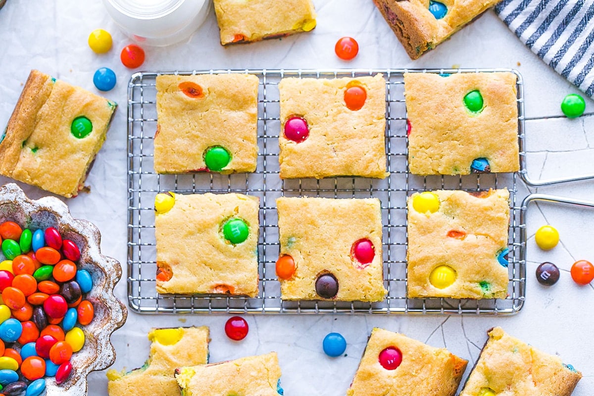 overhead shot of cookie bars on a cooling rack