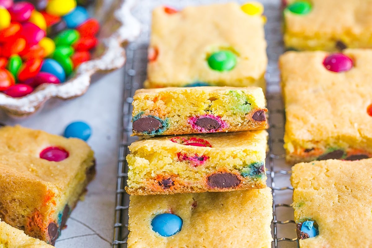 side shot of two m&m cookie bars