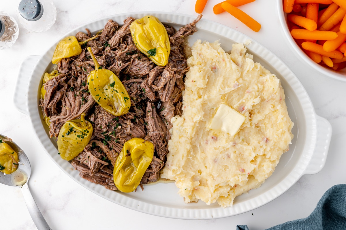 pot roast with platter with mashed potatoes