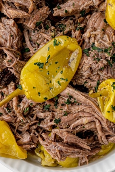 close up of platter of mississippi pot roast