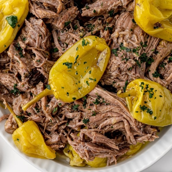 close up of platter of mississippi pot roast