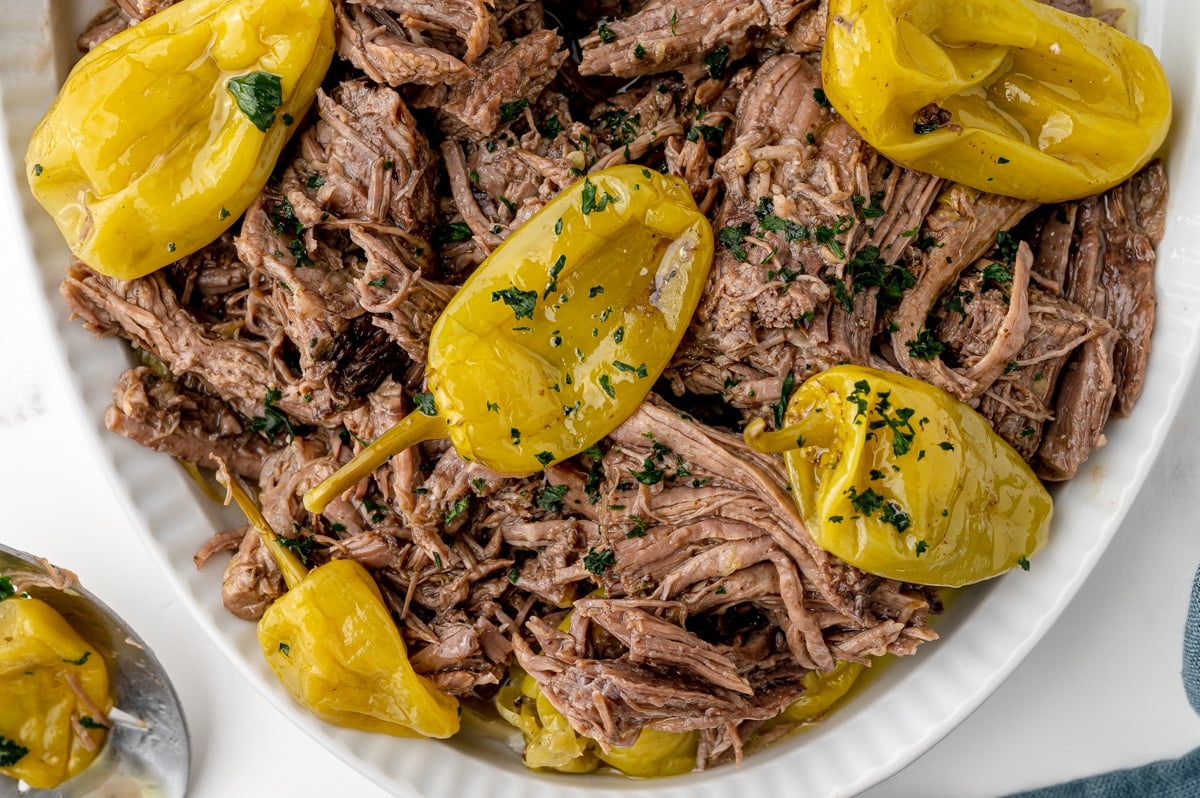 close up of platter of mississippi pot roast