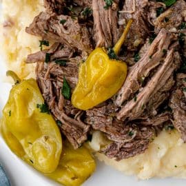 overhead shot of mississippi on a plate with mashed potatoes