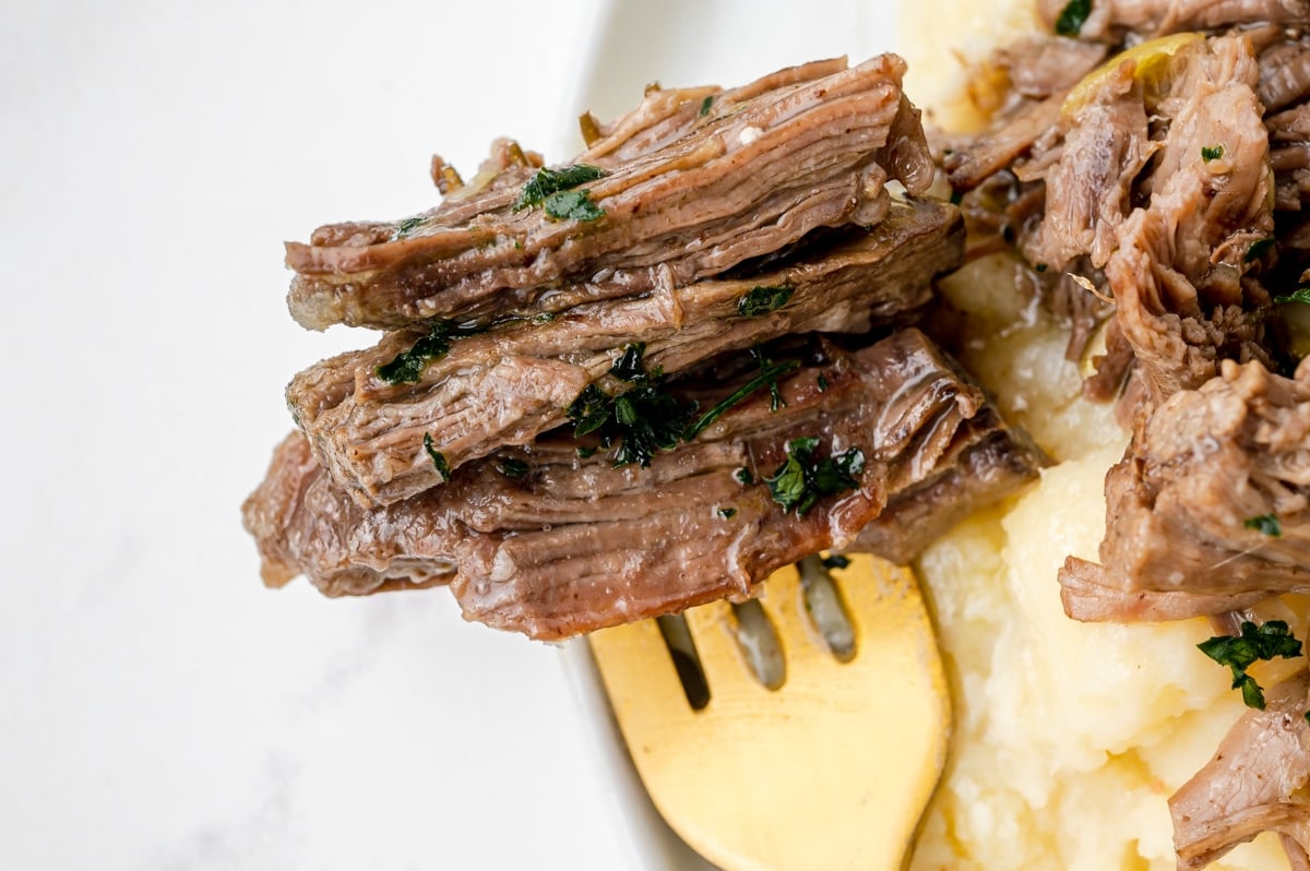 close up of mississippi pot roast on a fork