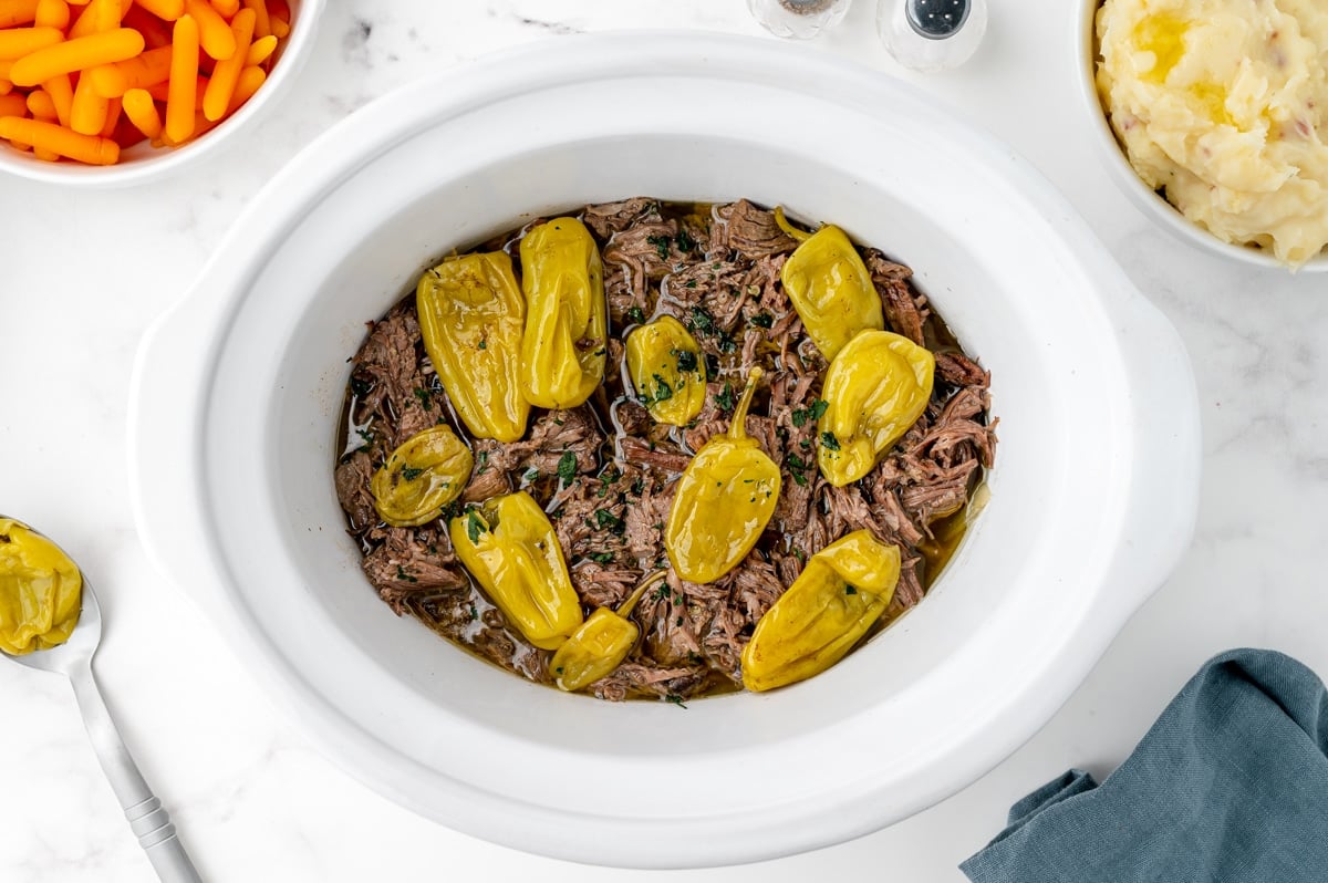 pepperoncinis in crock pot with shredded beef