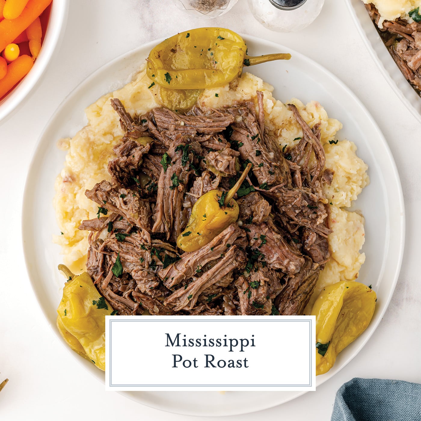 overhead shot of plate of mississippi pot roast with text overlay for facebook