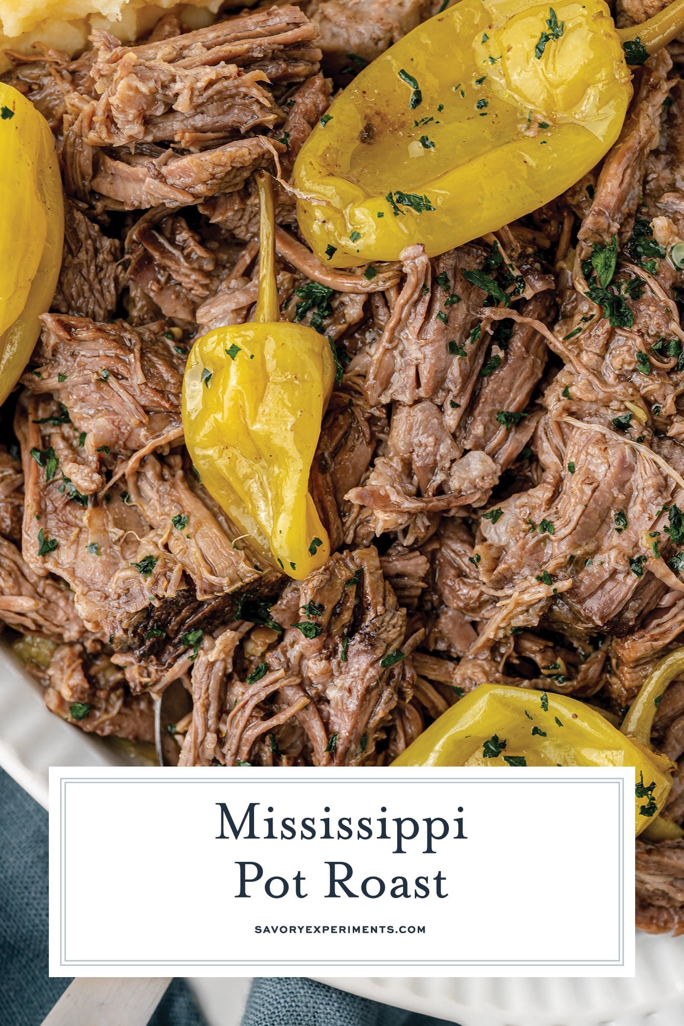 close up of mississippi pot roast with text overlay for pinterest