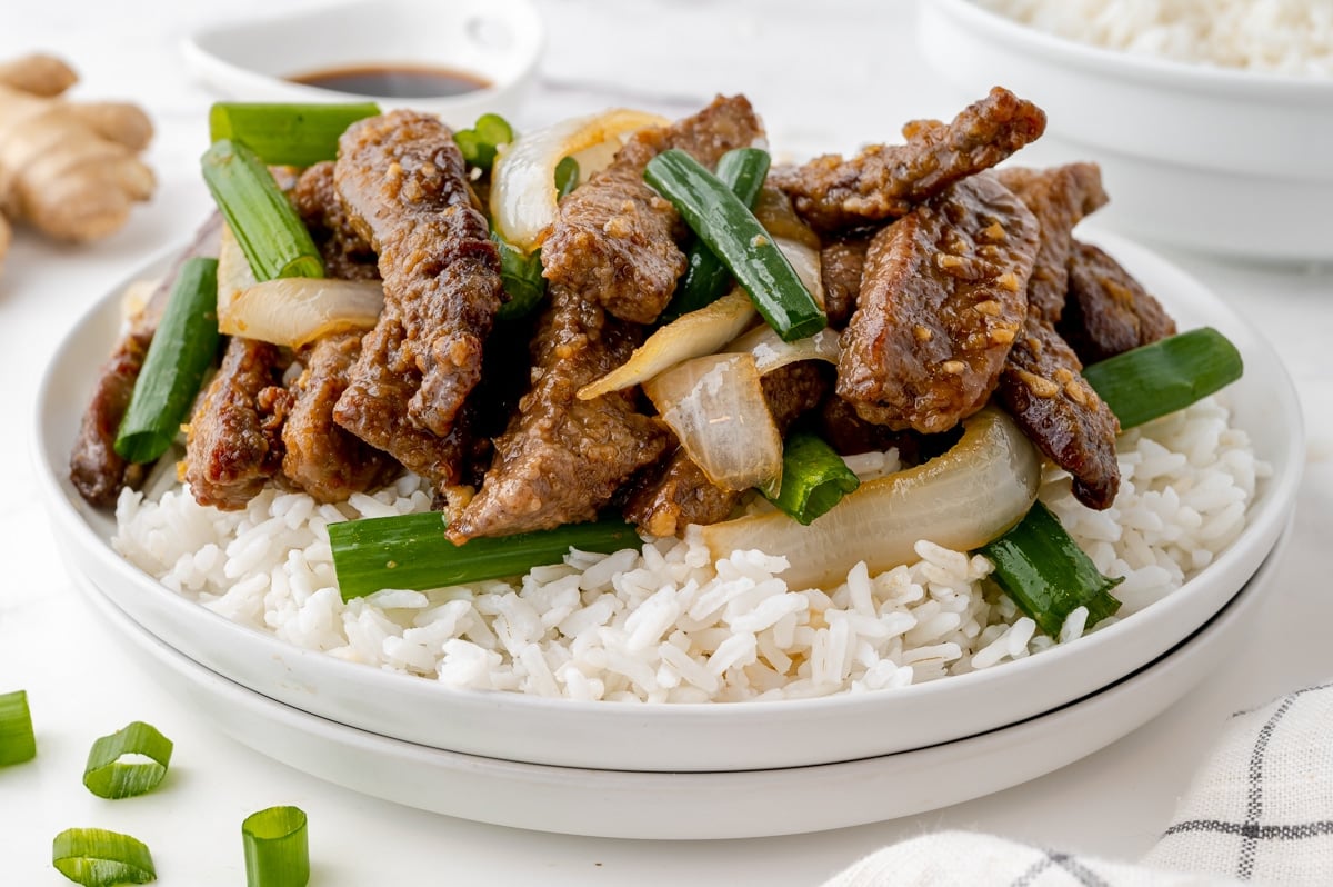 straight on shot of mongolian beef over rice