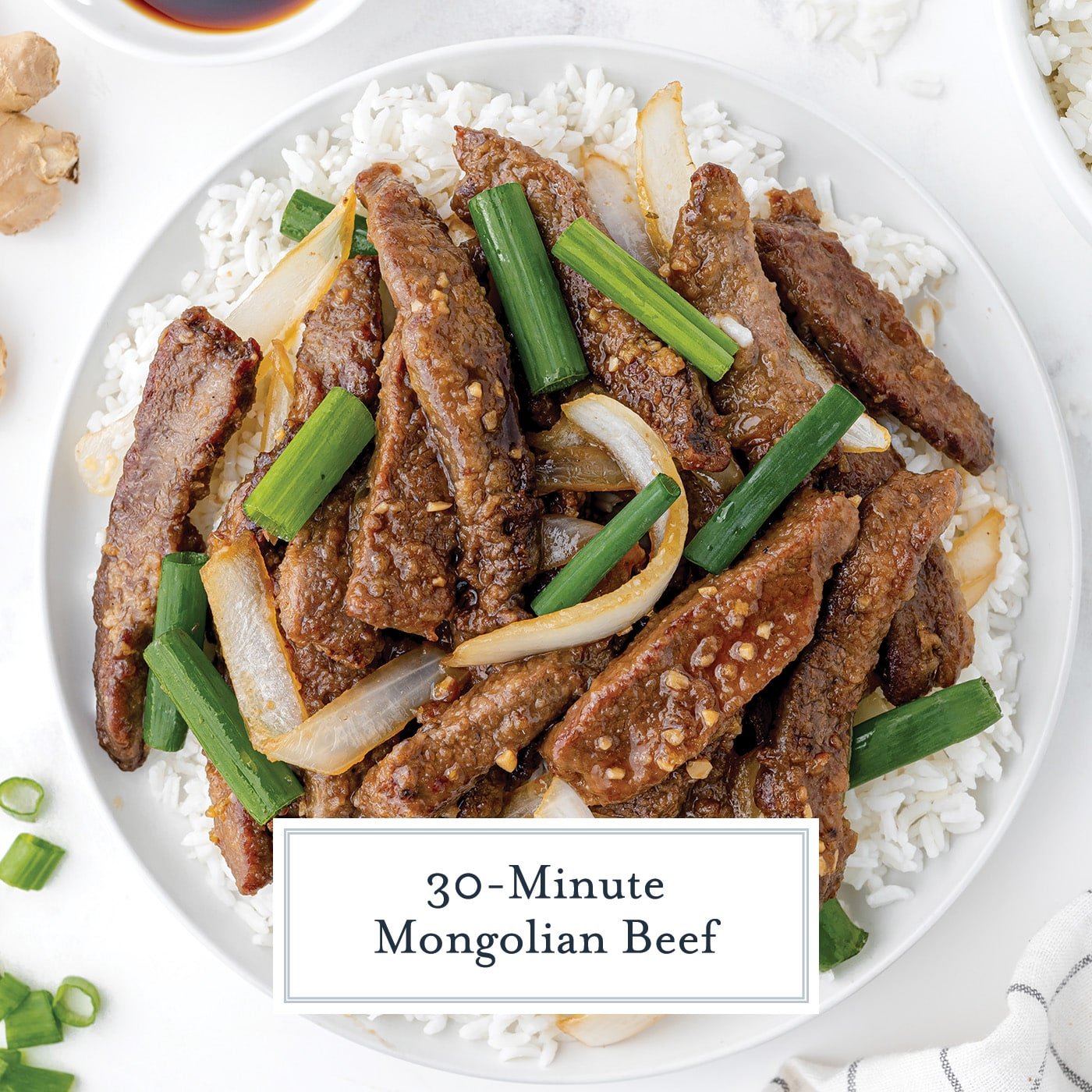overhead shot of plate of mongolian beef with text overlay for facebook