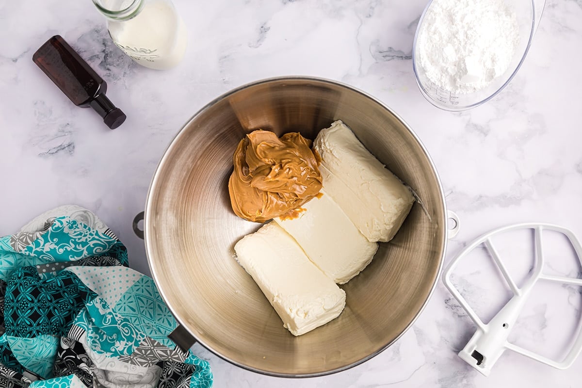 cream cheese and peanut butter in mixing bowl