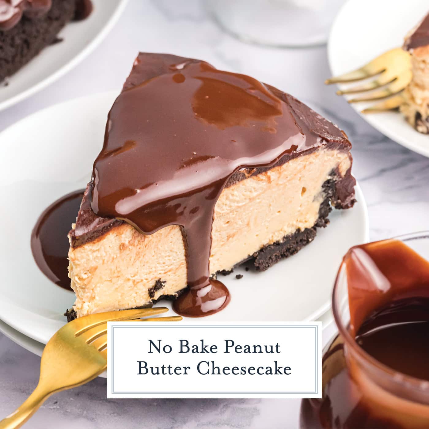 slice of no bake peanut butter cheesecake on plate with text overlay for facebook