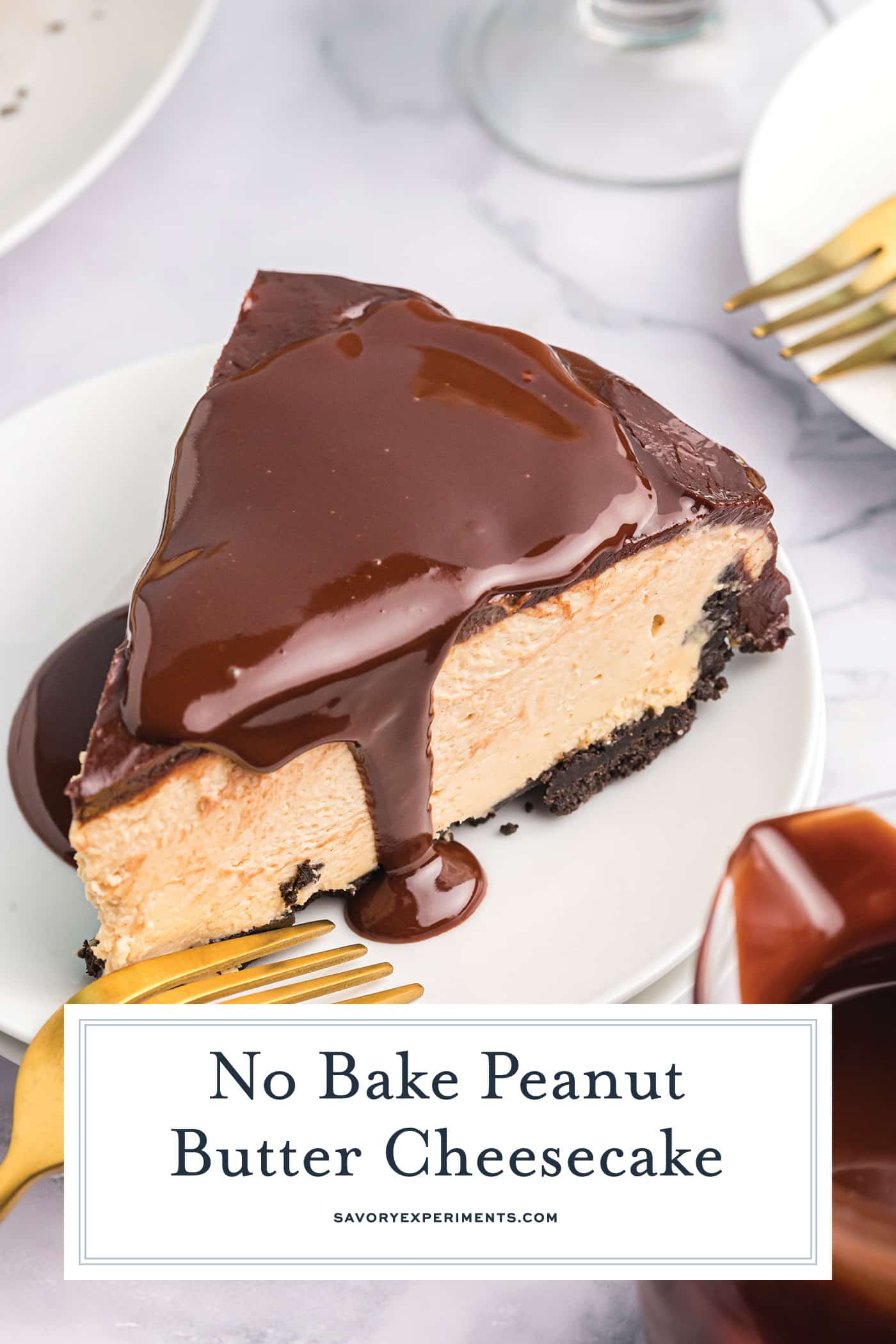 slice of peanut butter cheesecake topped with ganache with text overlay for pinterest