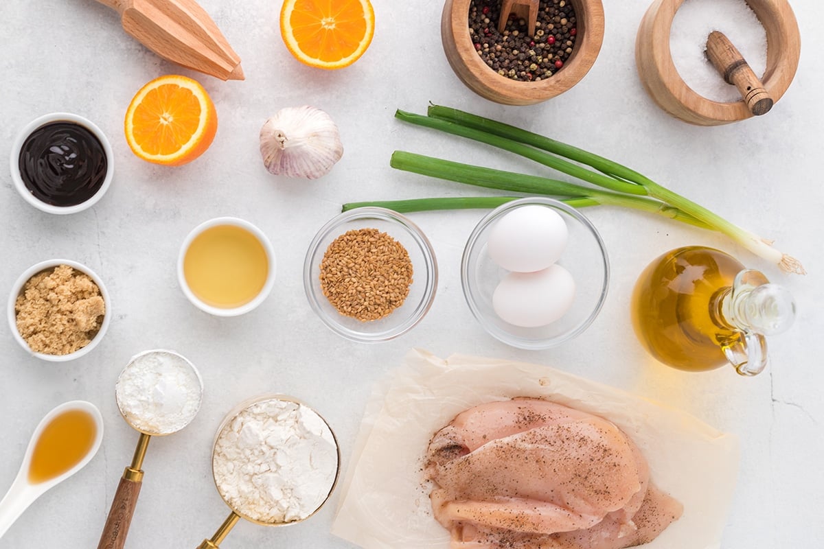 overhead shot of orange chicken ingredients