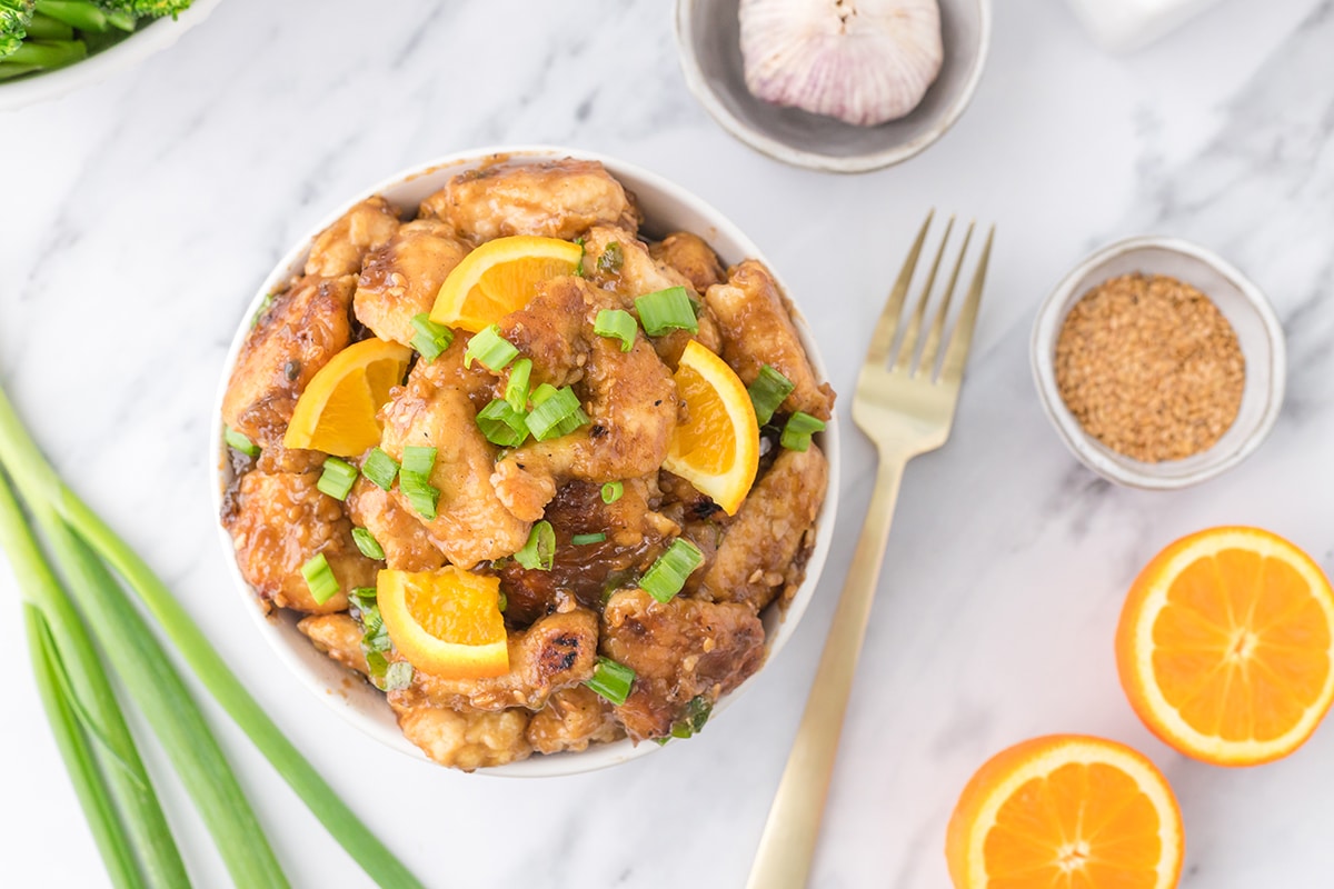 overhead shot of orange chicken in bowl