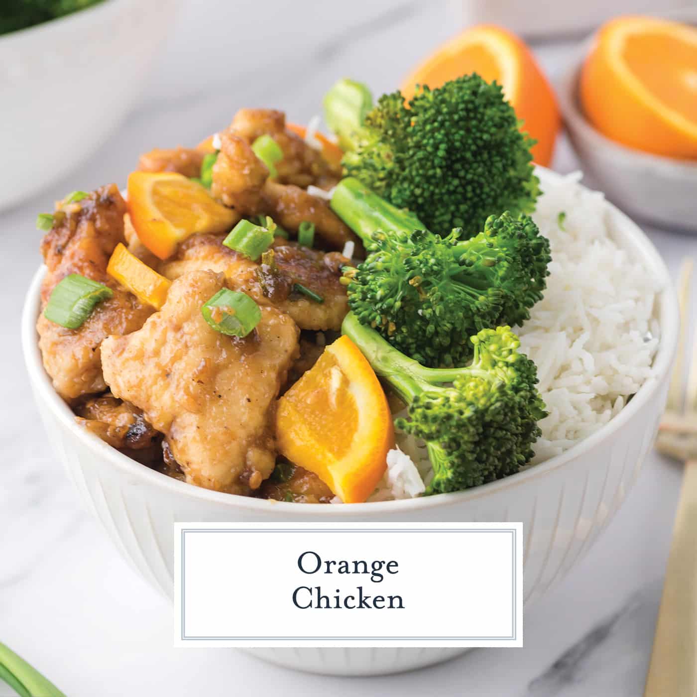 close up of orange chicken in bowl with broccoli and rice with text overlay for facebook