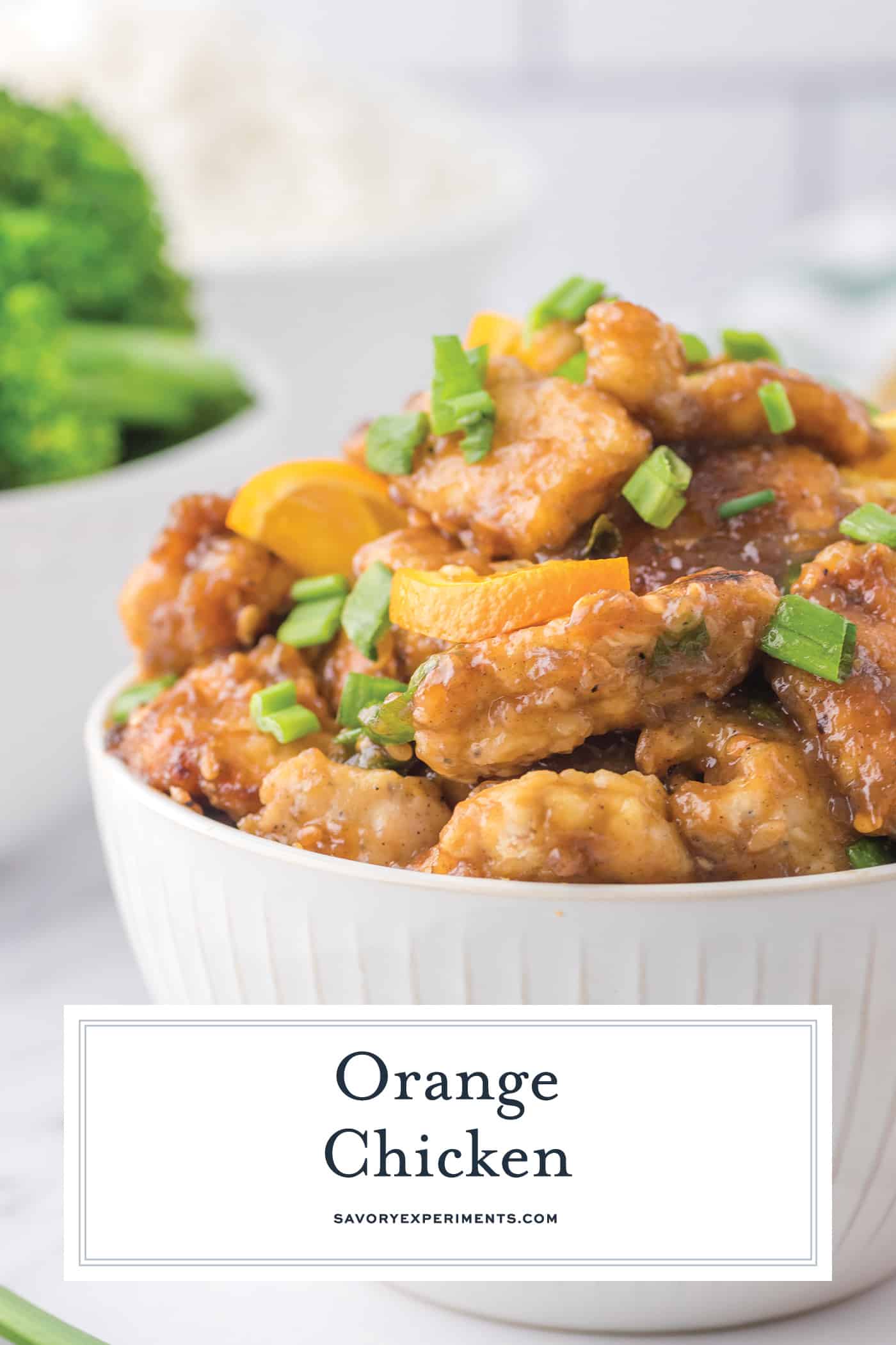 bowl of orange chicken with text overlay for pinterest