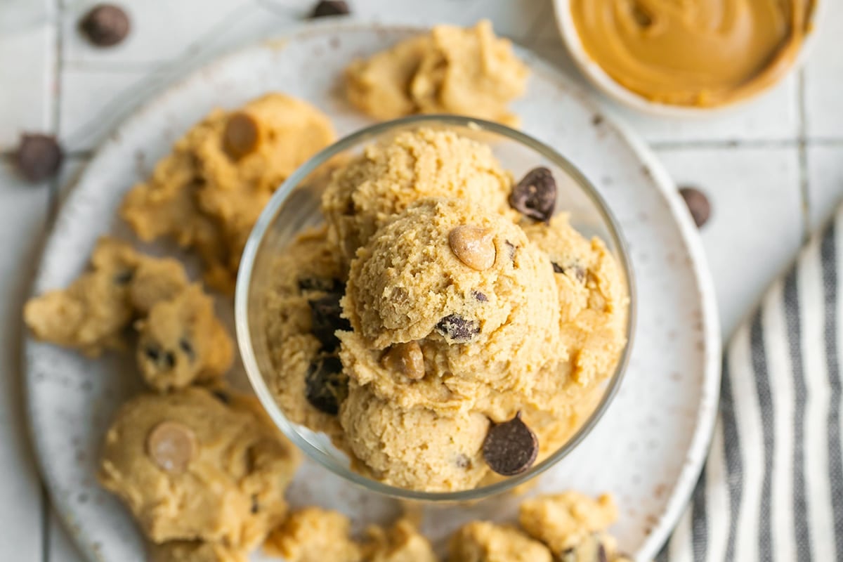 overhead shot of bowl of peanut butter cookie dough