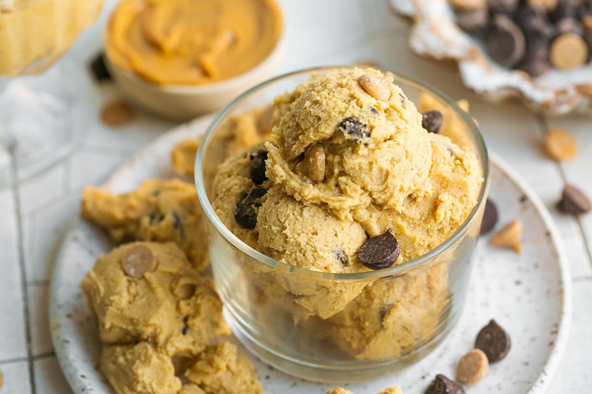 angled shot of jar of peanut butter cookie dough