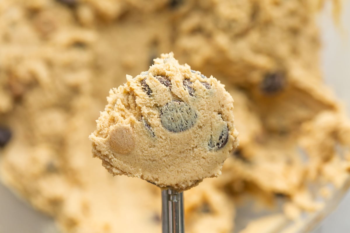 peanut butter cookie dough in a scoop
