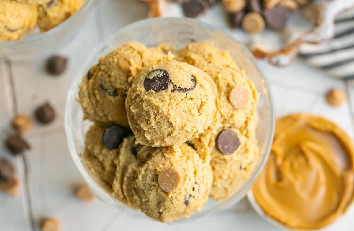 overhead shot of cookie dough in a jar